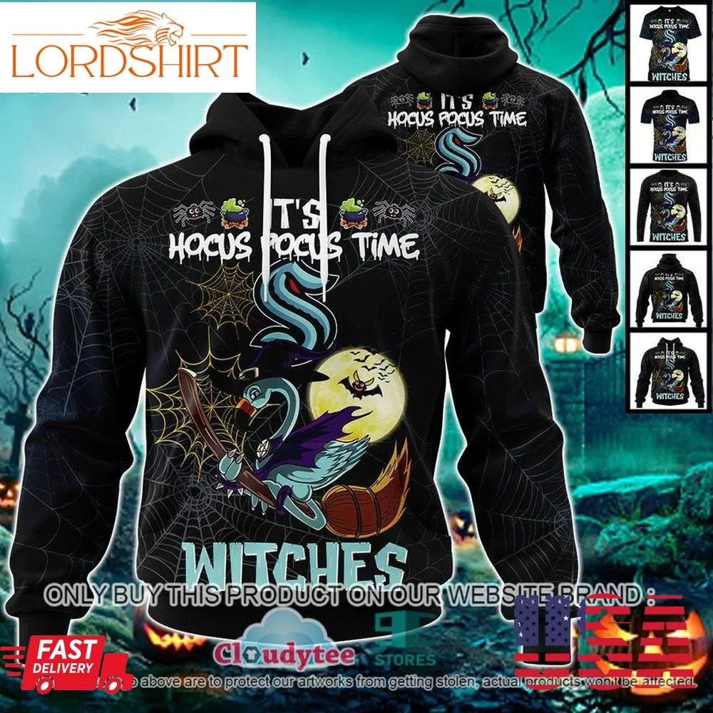 Nhl Seattle Kraken Halloween Pumpkin Flamingo It's Hocus Pocus Time Witches 3D Hoodie, Shirt