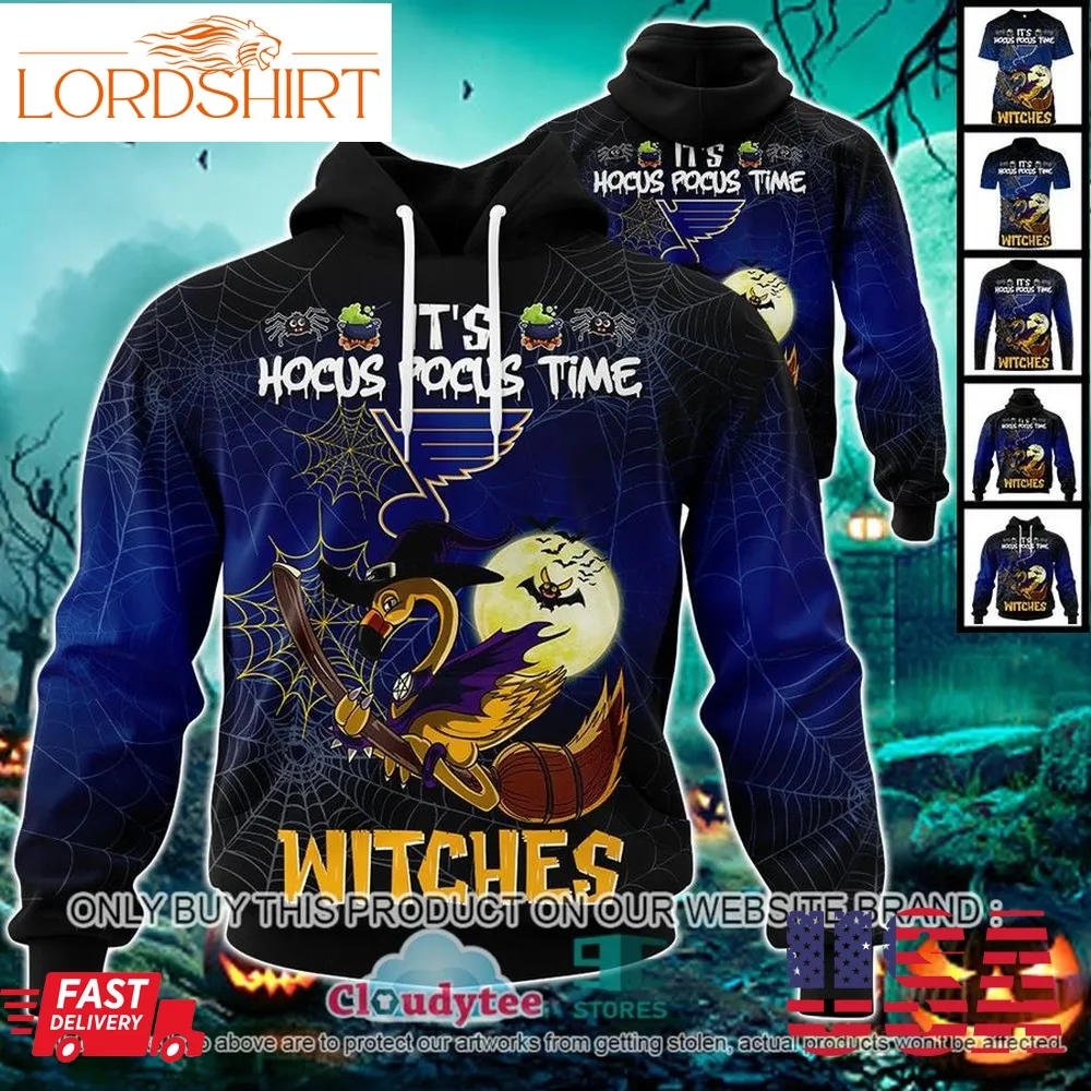 Nhl St Louis Blues Halloween Pumpkin Flamingo It's Hocus Pocus Time Witches 3D Hoodie, Shirt