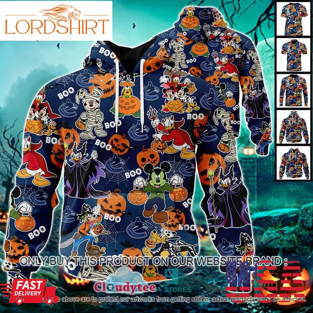 Nhl Vancouver Canucks Halloween Pumpkin Mickey With Friends Disney Style 3D Hoodie, Shirt