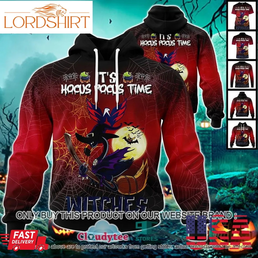 Nhl Washington Capitals Halloween Pumpkin Flamingo It's Hocus Pocus Time Witches 3D Hoodie, Shirt