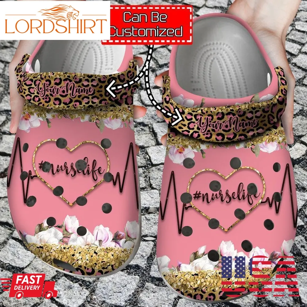 Nurse Crocs   Personalized Nurse Life Heart Glitter Leopard Clog Shoes