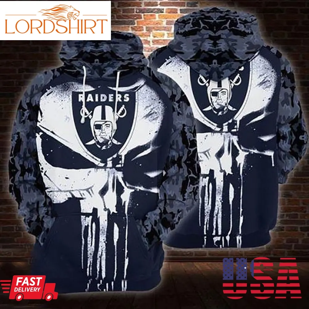 Oakland Raiders Punisher Skull Camo Las Vegas 3D Hoodie Sweatshirt