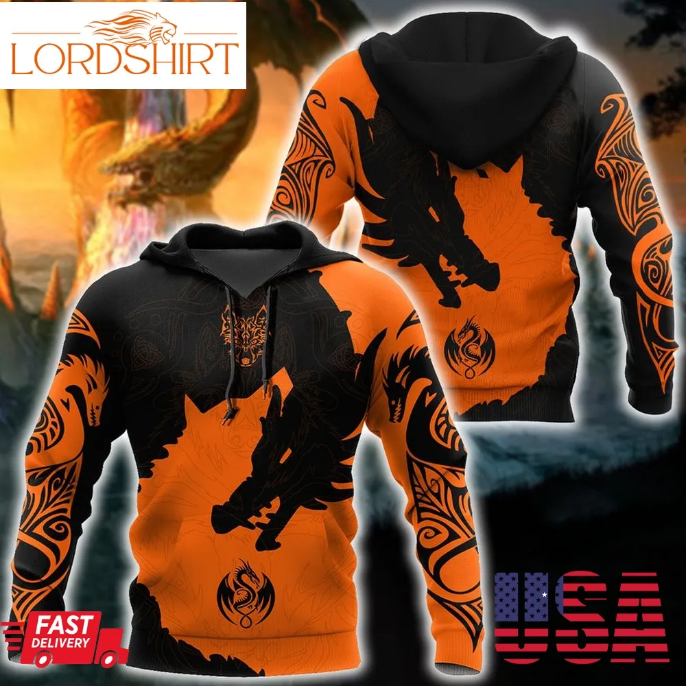 Orange Tattoo Dragon And Wolf 3D Hoodie Shirt For Men And Women Dd10102003