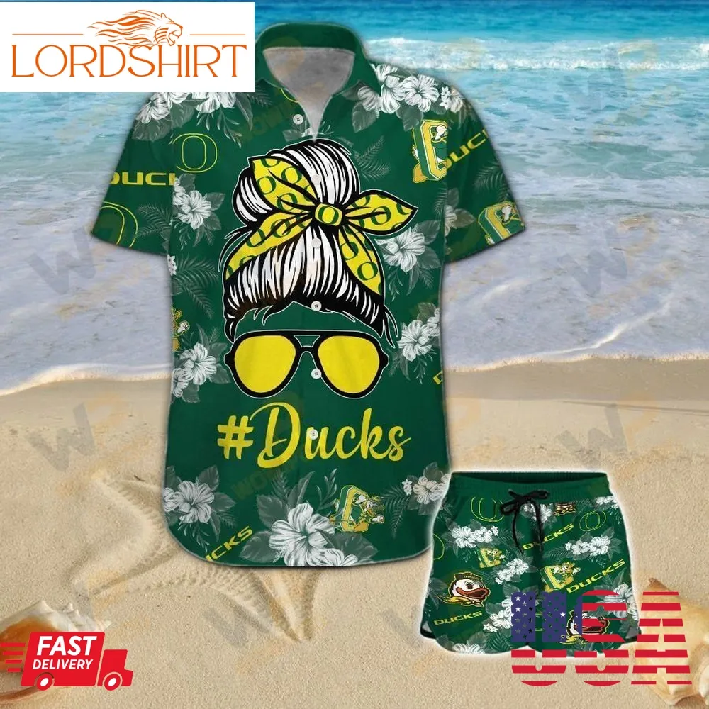 Oregon Ducks Girl Messy Bun Short Sleeve Button Up Tropical Aloha Hawaiian Shirts For Men Women