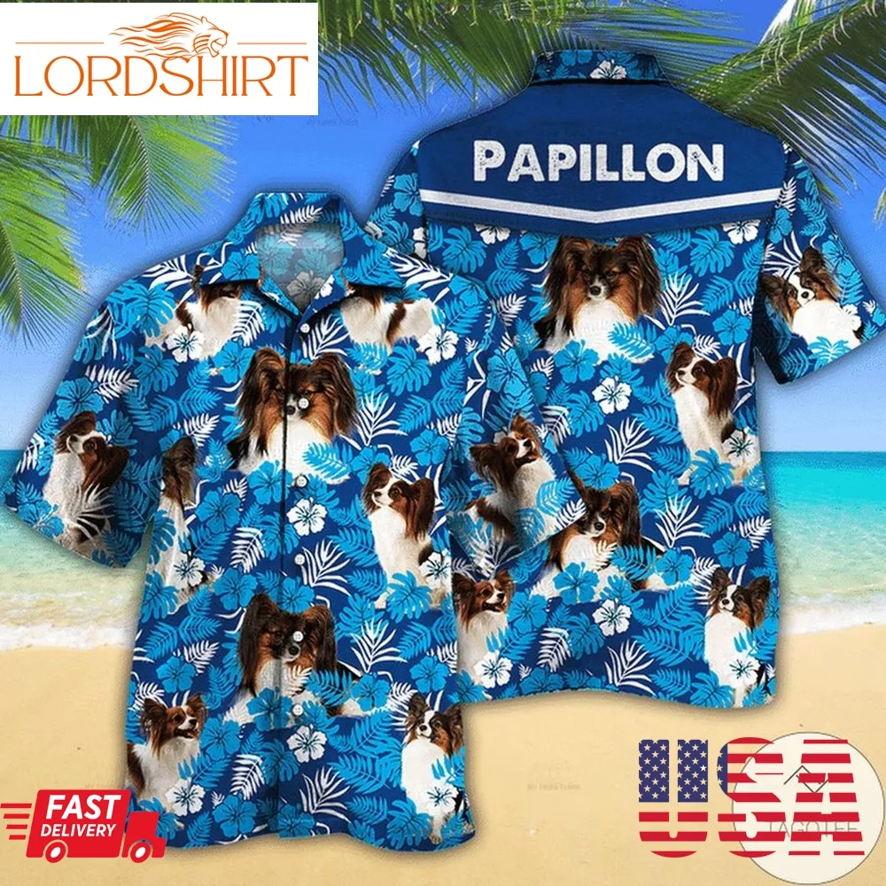 Papillon Dog Lovers Blue Floral Pattern Hawaiian Shirt