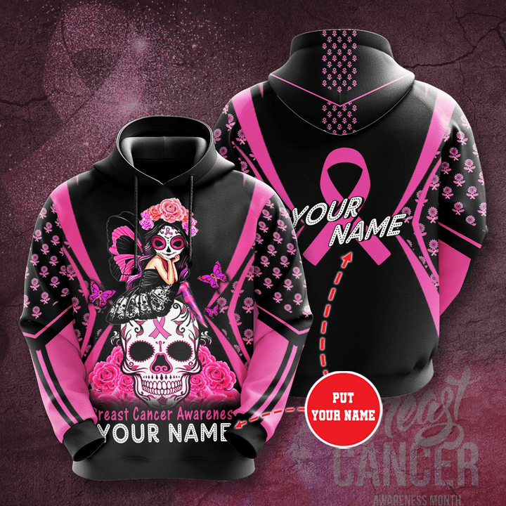 Personalized Girl On Skull Breast Cancer Awareness 3D Hoodie