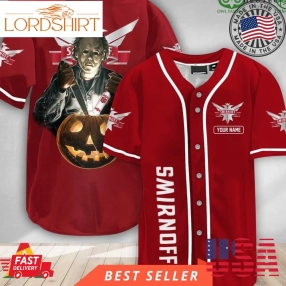 Personalized Michael Myers Pumpkin Smirnoff Vodka Halloween Baseball Jersey Shirt