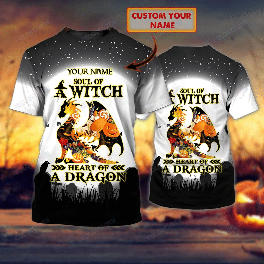 Personalized Name Dragon Halloween Soul Of A Witch Heart Of A Dragon 3D Tshirt