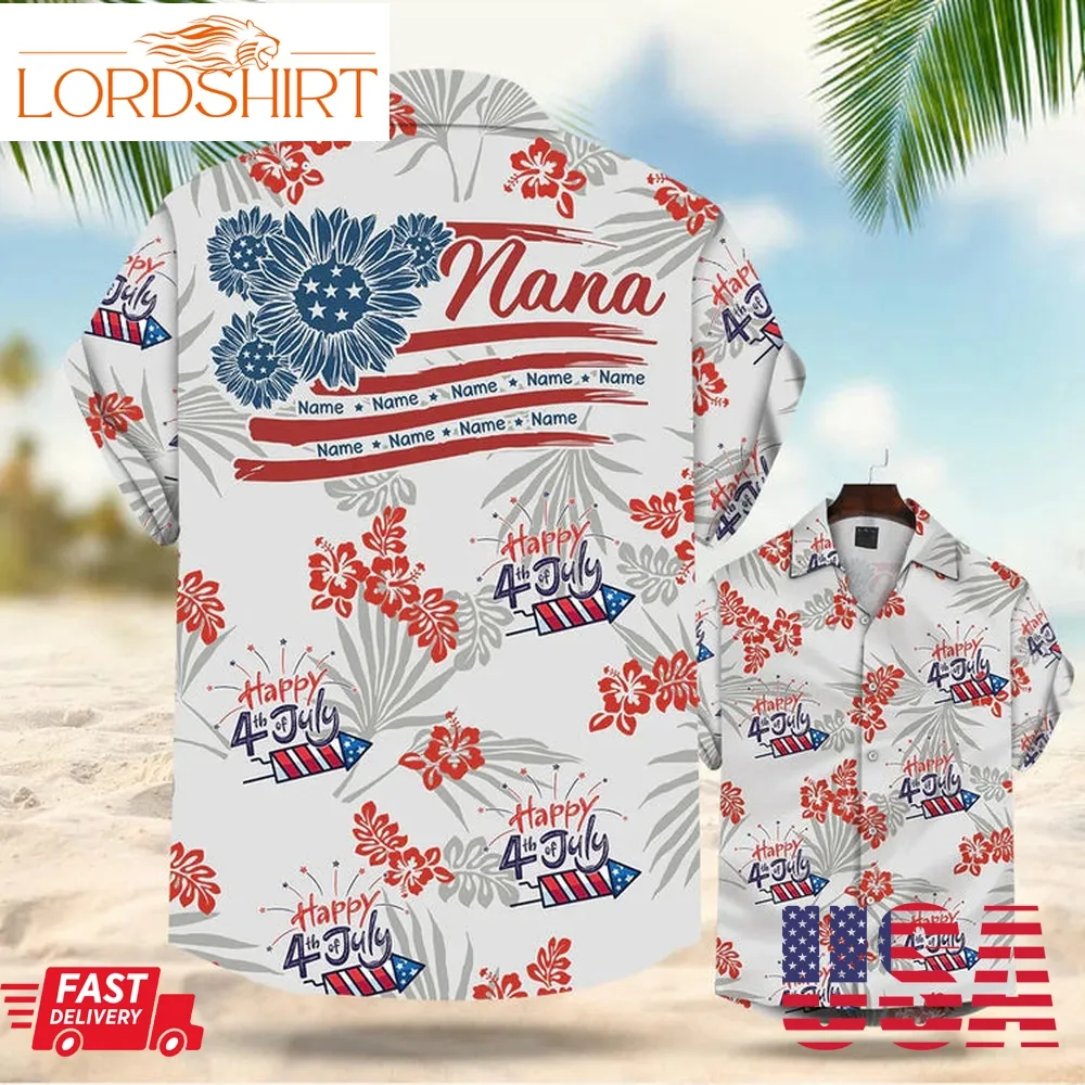 Personalized Nana 4Th Of July Summer Hibiscus Hawaiian Shirt For Grandma Nana Gigi Mom Hawaiian Shirt