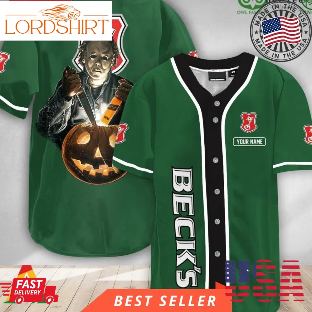 Personalized Scary Michael Myers Pumpkin Beck's Beer Halloween Baseball Jersey Shirt