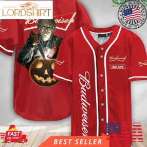 Personalized Scary Michael Myers Pumpkin Budweiser Halloween Baseball Jersey Shirt