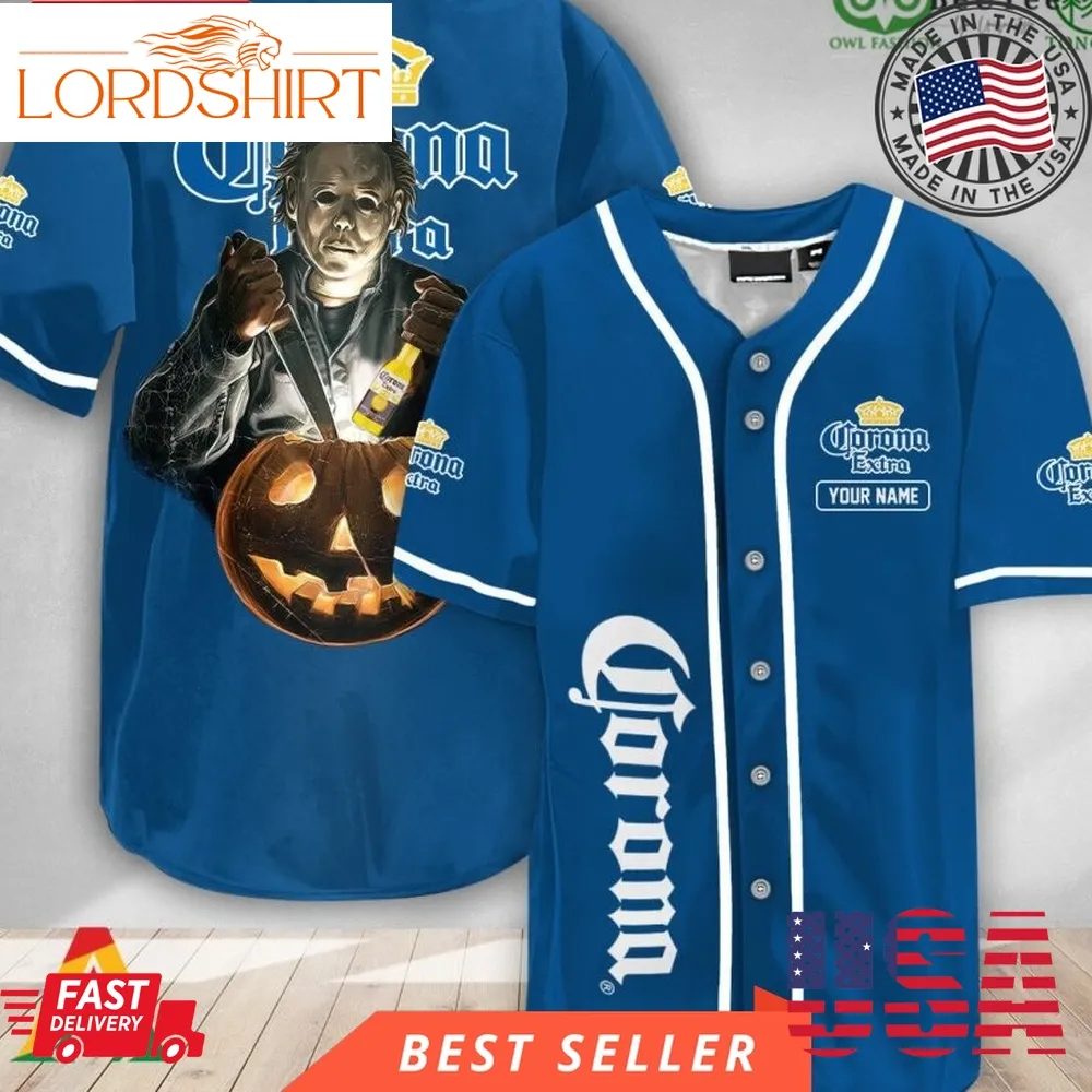 Personalized Scary Michael Myers Pumpkin Corona Extra Halloween Baseball Jersey Shirt