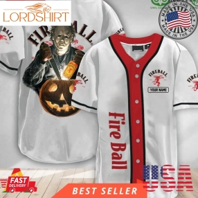 Personalized Scary Michael Myers Pumpkin Fireball Halloween Baseball Jersey Shirt