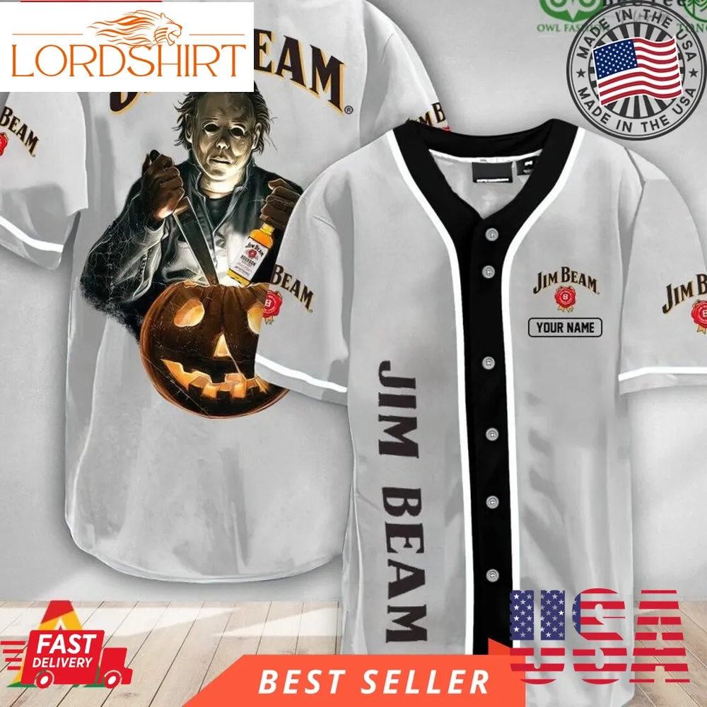 Personalized Scary Michael Myers Pumpkin Jim Beam Halloween Baseball Jersey Shirt