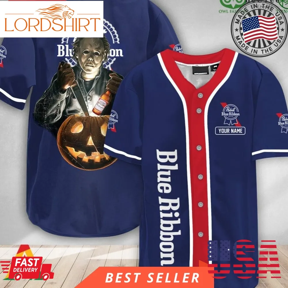 Personalized Scary Michael Myers Pumpkin Pabst Blue Ribbon Halloween Baseball Jersey Shirt