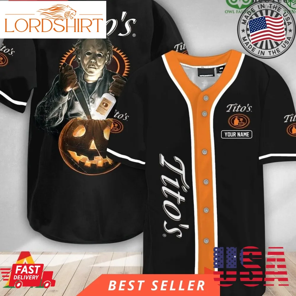 Personalized Scary Michael Myers Pumpkin Tito's Vodka Halloween Baseball Jersey Shirt