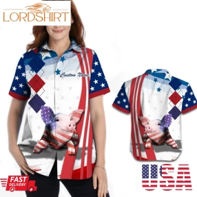 Pig American Flag Independence Day 4Th Of July Custom Name Women Hawaiian Shirt