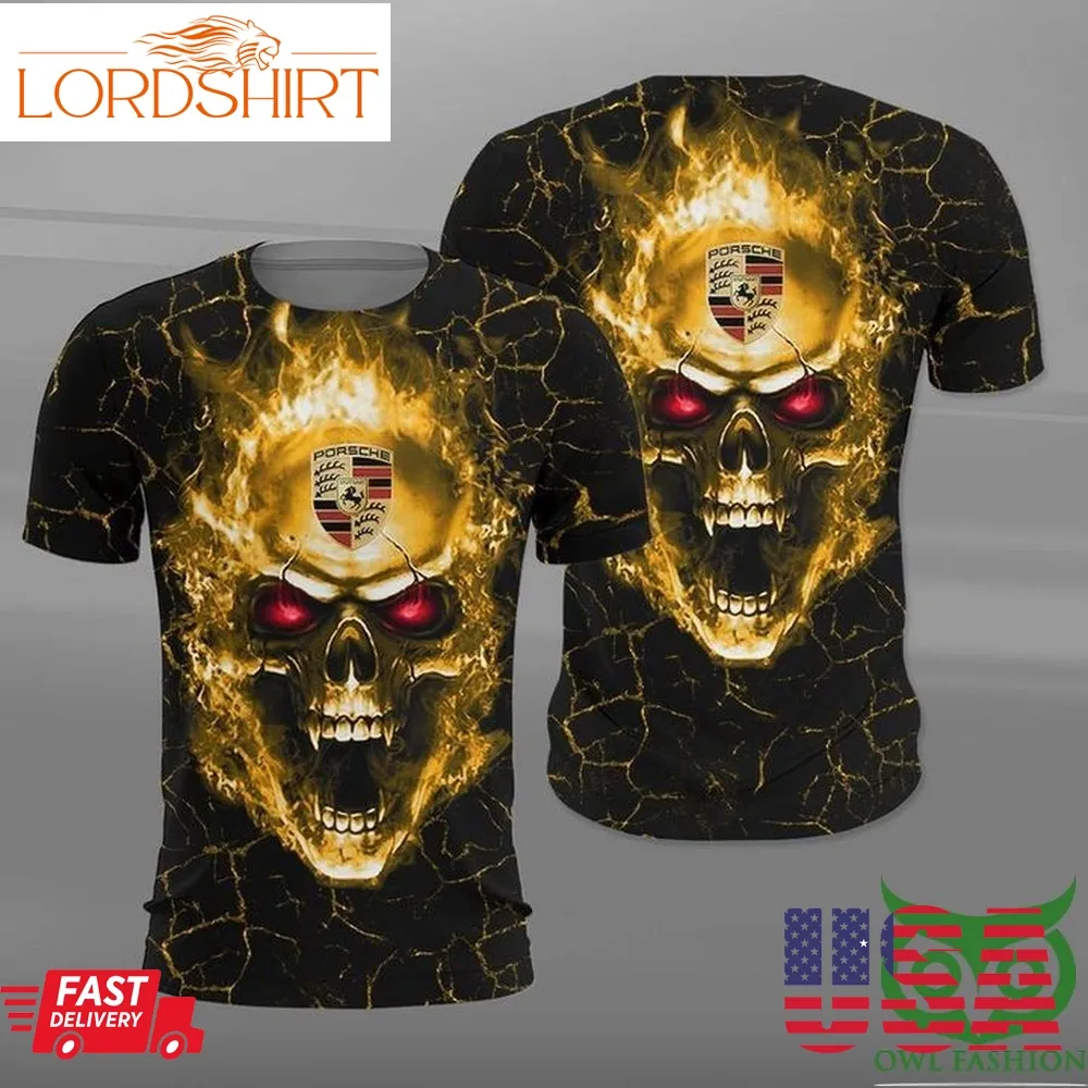 Porsche Angry Skull On Fire Car 3D Shirt