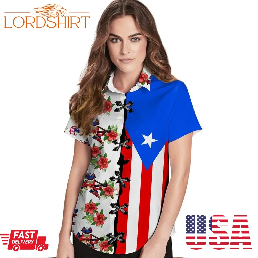 Puerto Rico Flag Hibiscus Coqui Frog Women Hawaiian Shirt For Puerto Ricans Or Boricua