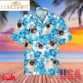 Pug Dog Hawaiian Shirt,Tropical Hawaii Shirt With Hibiscus Flower And Blue Tribal Pattern For Dog Lovers, Gift For Dog Mom,Dog Dad