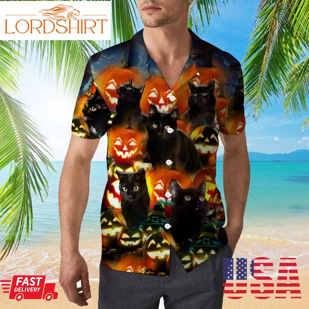 Pumkin Black Cats 3D All Over Print Button Design For Halloween Hawaii Shirt