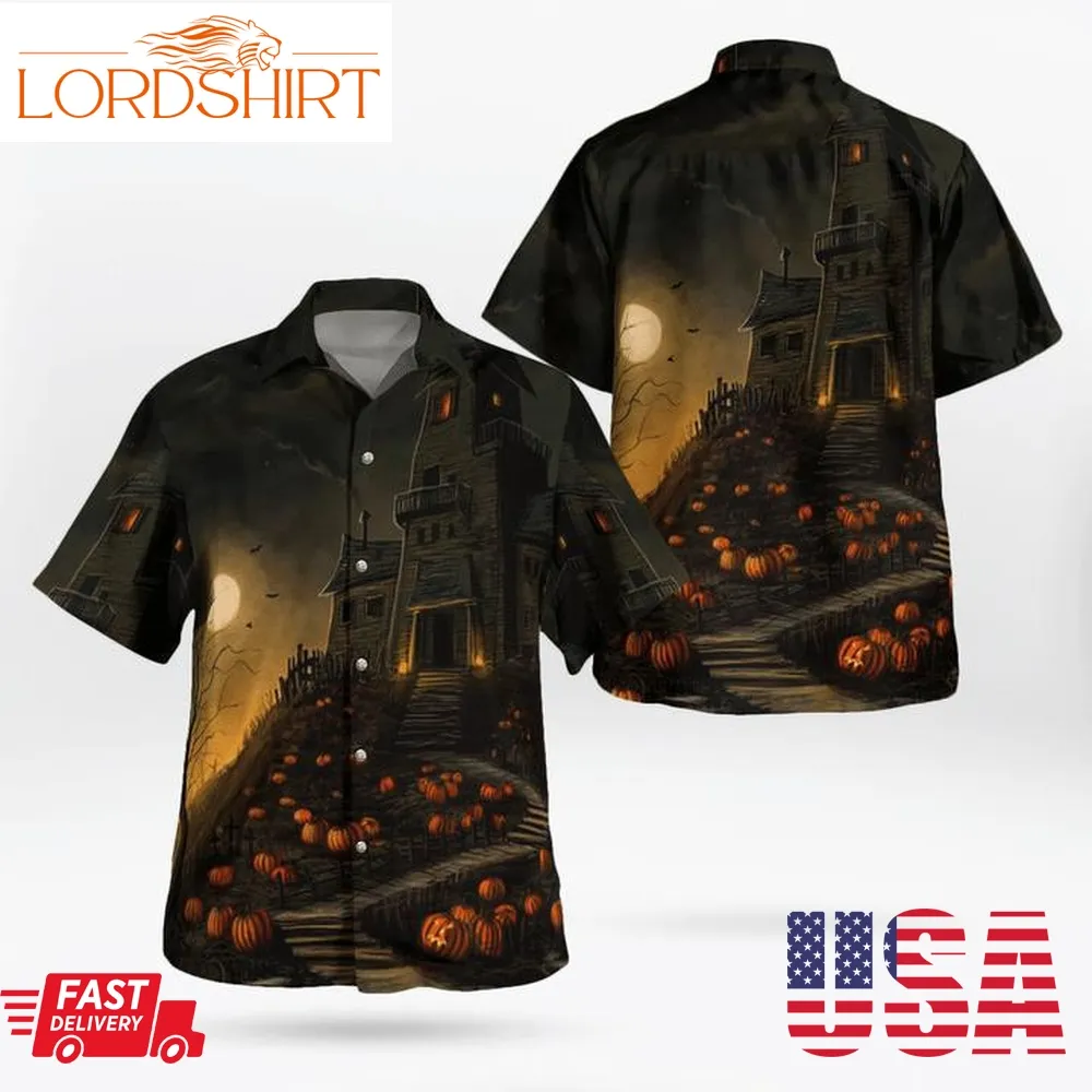 Pumpkin Garden Haunted House Scary Night Halloween 3D Hawaii Shirt, All Over Print, 3D Tshirt, Hoodie, Sweatshirt, Long Sleeve, Aop Shirt