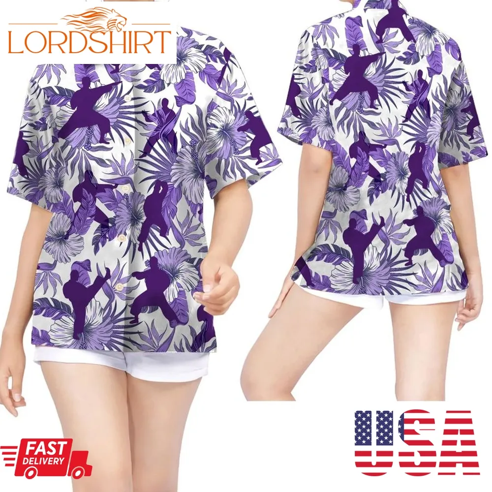 Purple Karate Hibiscus Women Hawaiian Shirt For Martial Arts Lovers