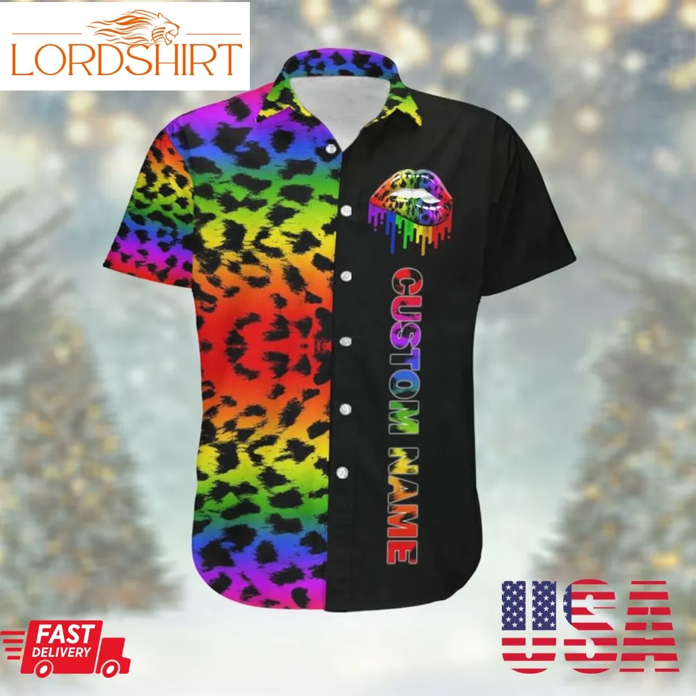 Rainbow Cheetah Skin Pattern Custom Name Men Hawaiian Aloha Tropical Beach Button Up Shirt For Lgbt In Pride Month