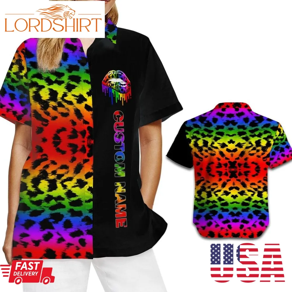 Rainbow Cheetah Skin Pattern Custom Name Women Hawaiian Aloha Tropical Beach Button Up Shirt For Lgbt In Pride Month