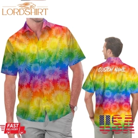 Rainbow Sunflower Pattern Custom Name Men Hawaiian Shirt For Lgbtq Community In Pride Month