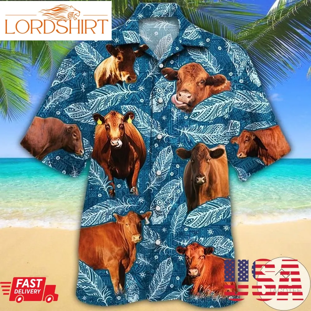 Red Angus Cattle Lovers Blue Feather Hawaiian Shirt