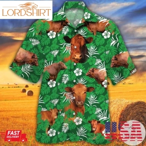 Red Angus Cattle Lovers Green Floral Pattern Hawaiian Shirt