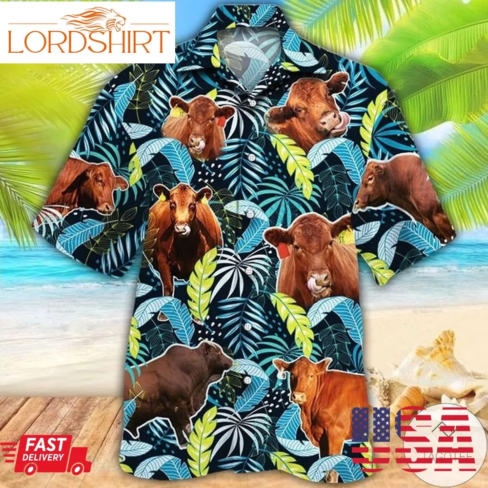 Red Angus Cattle Lovers Jungle Leaves Hawaiian Shirt