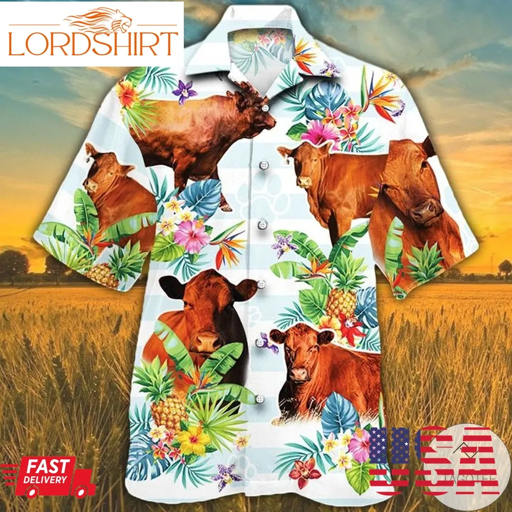 Red Angus Cattle Lovers Tropical Flower Hawaiian Shirt