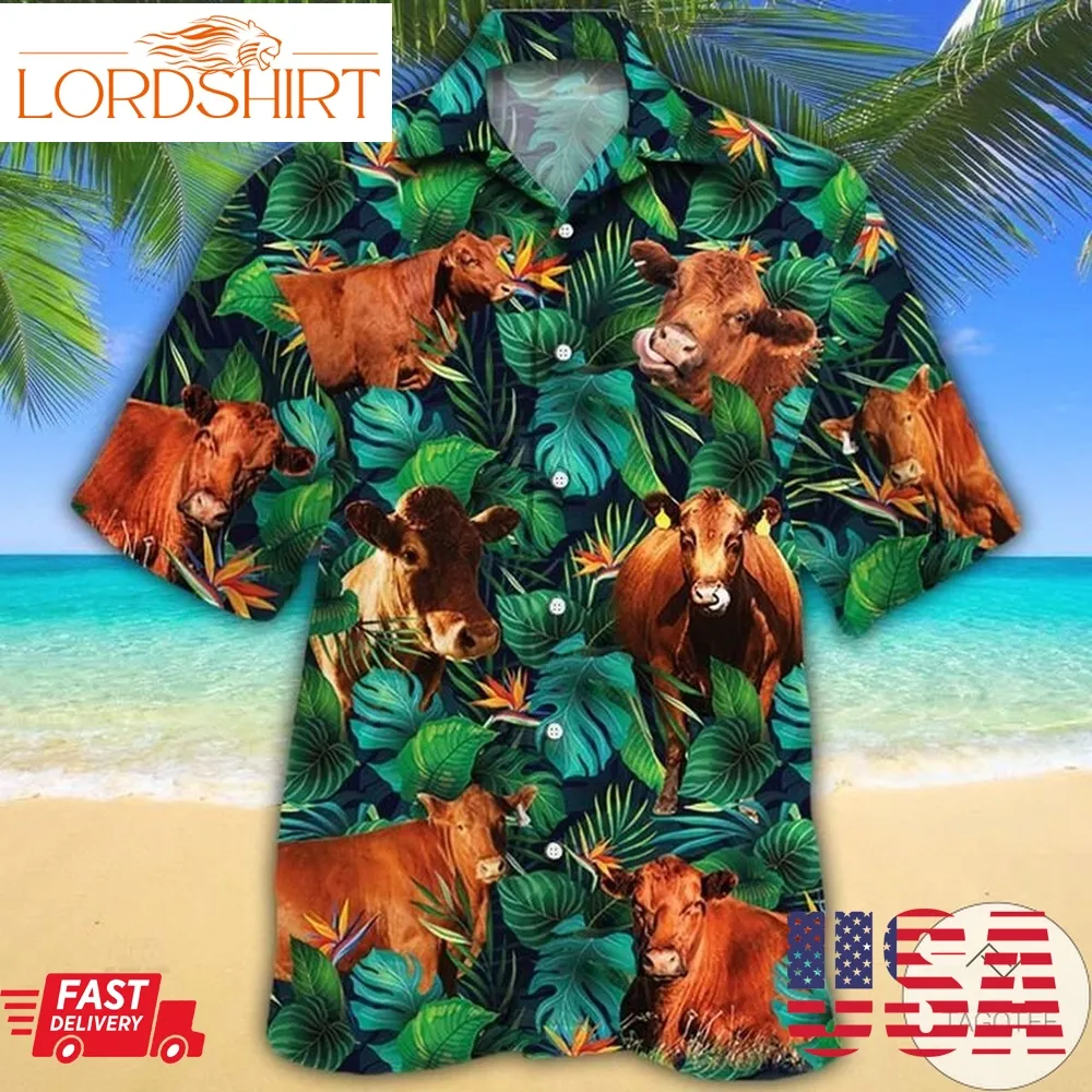 Red Angus Cattle Lovers Tropical Leaves Hawaiian Shirt