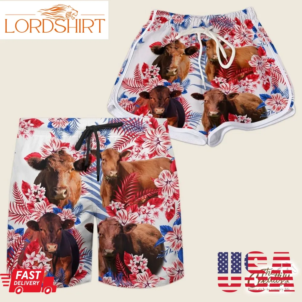 Red Angus Cow In American Flag Tropical Matching Shorts, American Flag Cattle Matching Shorts, Farm Lovers Shorts, 4Th Of July Shorts