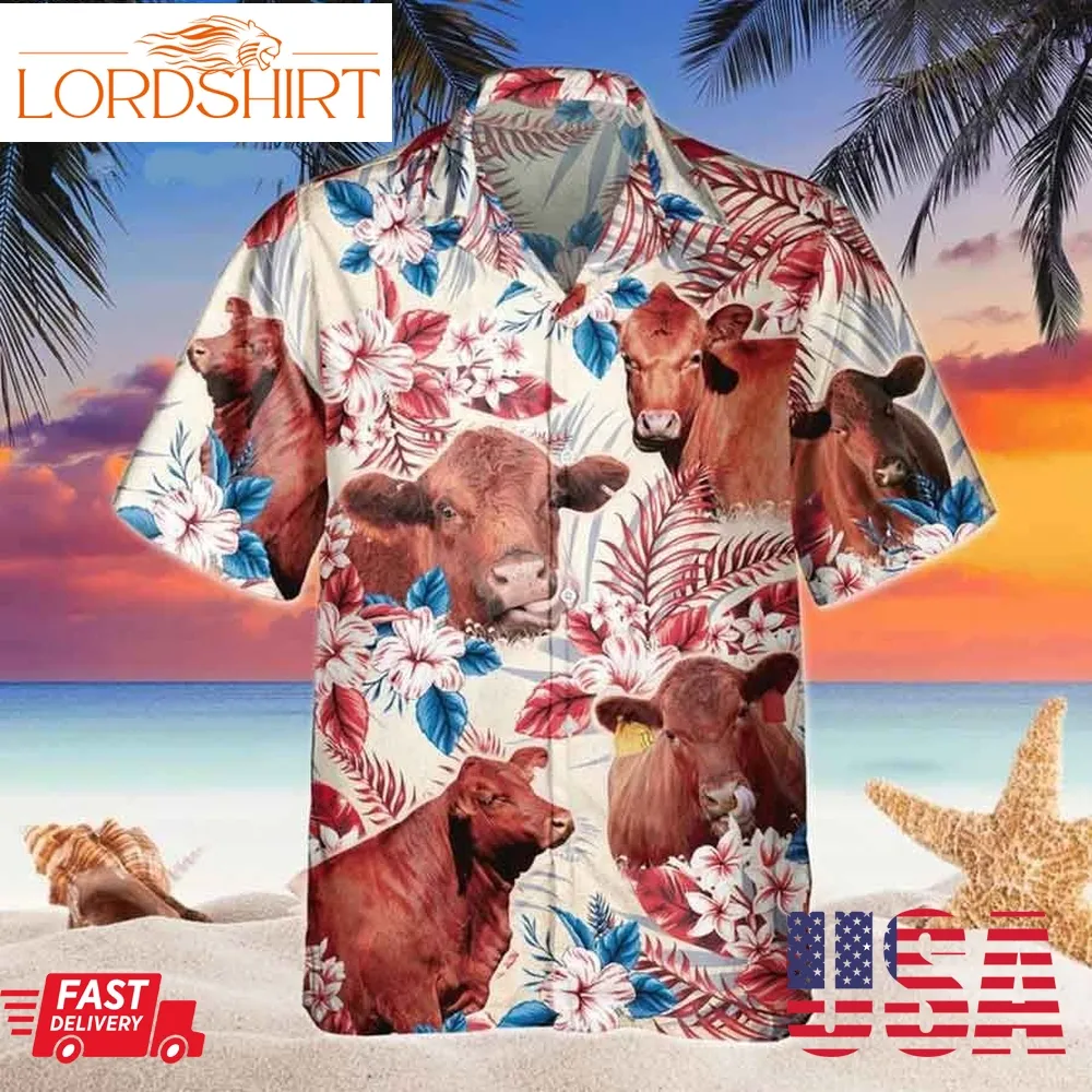 Red Angus Cow Tropical Hawaiian Shirt American Flag Cattle