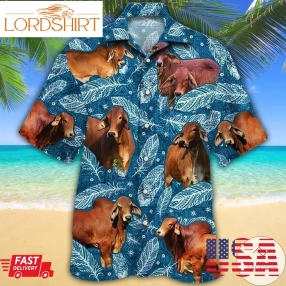 Red Brahman Cattle Lovers Blue Feather Hawaiian Shirt