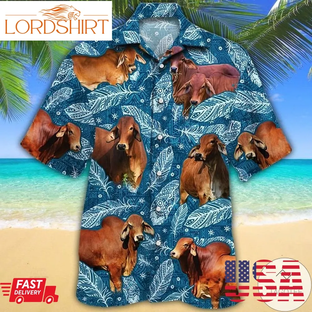 Red Brahman Cattle Lovers Blue Feather Hawaiian Shirt