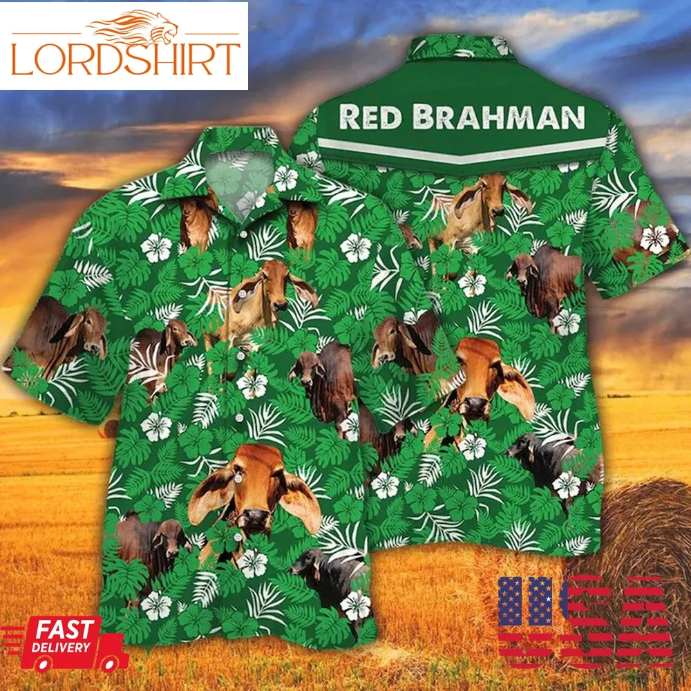 Red Brahman Cattle Lovers Green Flower Pattern Hawaii Shirt T210921