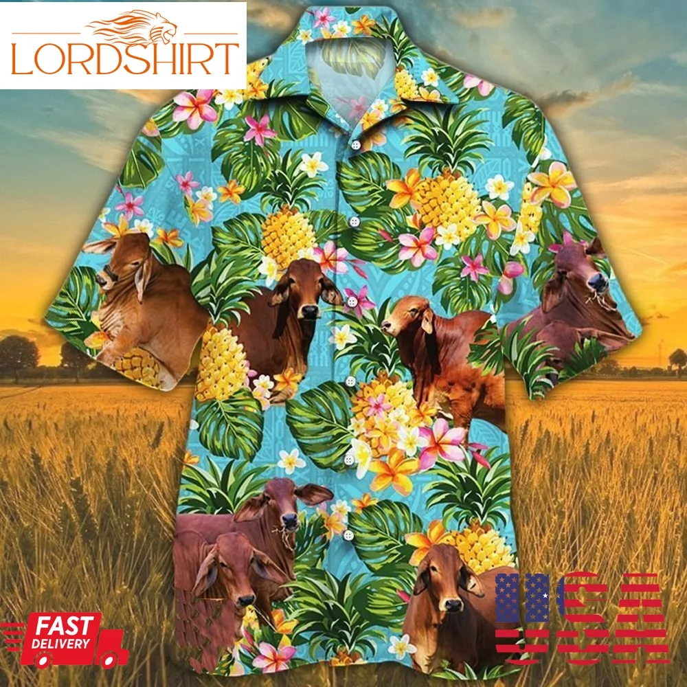 Red Brahman Cattle Lovers Pineapple Hawaii Hawaiian Shirt T210921