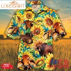 Red Brahman Cattle Lovers Sunflower Hawaiian Shirt T210921