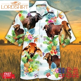 Red Brahman Cattle Lovers Tropical Flower Hawaii Hawaiian Shirt T210921