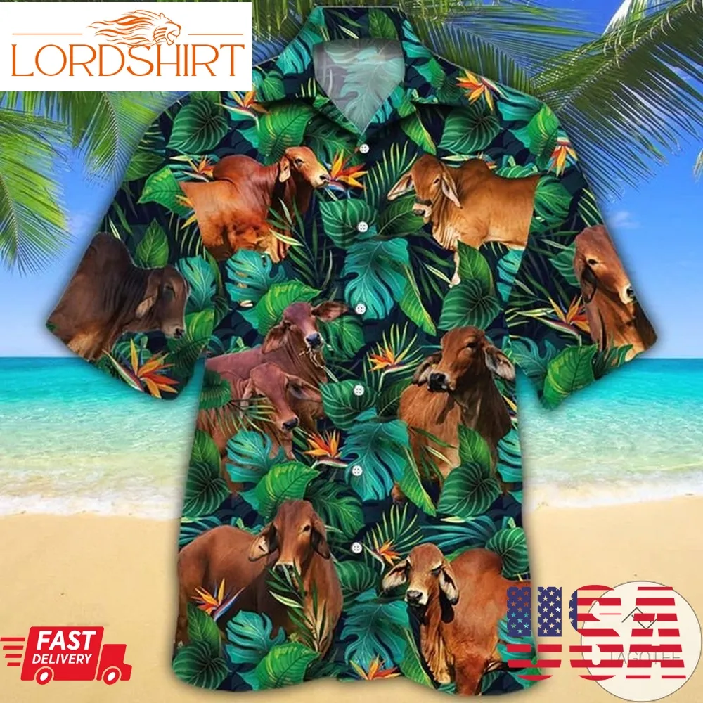 Red Brahman Cattle Lovers Tropical Leaves Hawaiian Shirt