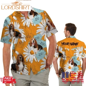 Retro Vintage Style Basset Hound Daisies Floral Men Hawaiian Aloha Beach Button Up Custom Name Shirt For Dog Lovers On Summer Vacation