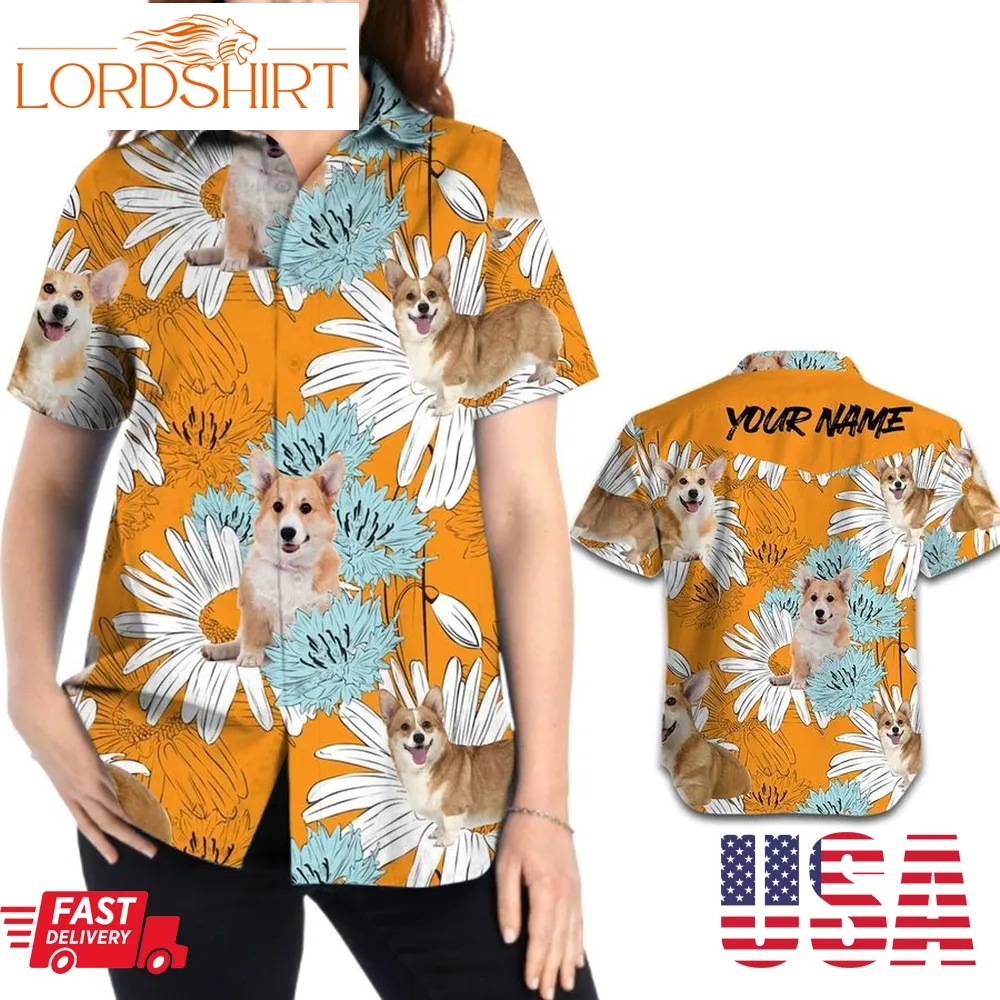 Retro Vintage Style Corgi Daisies Floral Women Hawaiian Aloha Beach Button Up Custom Name Shirt For Dog Lovers On Summer Vacation