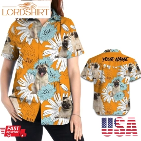 Retro Vintage Style Pug Daisies Floral Women Hawaiian Aloha Beach Button Up Custom Name Shirt For Dog Lovers On Summer Vacation