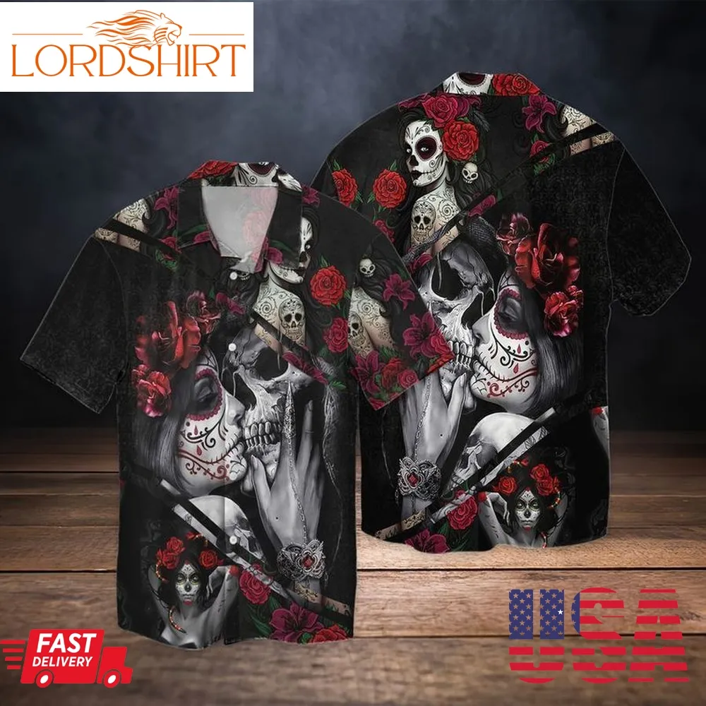 Roses Skull Romance Couple For Men And Women Graphic Print Short Sleeve Hawaiian Casual Shirt Y97