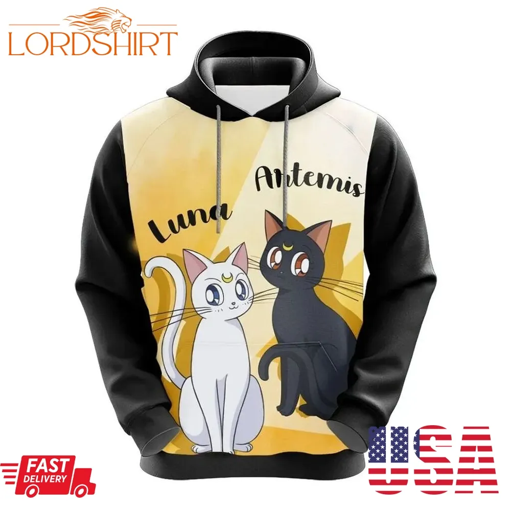 Sailor Moon Hoodie Sailor Moon Cats Luna Artemis Black White Hoodie Anime Hoodie Full Print Full Size