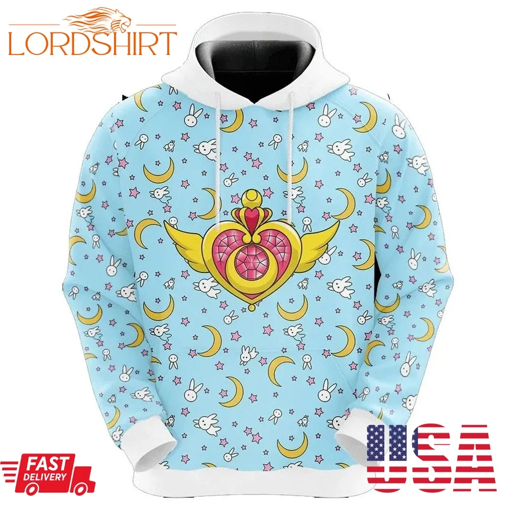 Sailor Moon Hoodie Sailor Moon Team Moon Rabbit Pattern Blue Hoodie Anime Clothing Ault Full Print